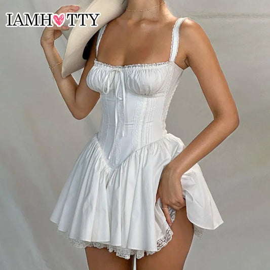 IAMHOTTY Hochwertiges A-Linien-Kleid mit Spitzeneinsatz, weiß, kokett, für Partys, Urlaub, ärmellos, Mini-Korsett-Kleid, elegant, süß, Robe, neu