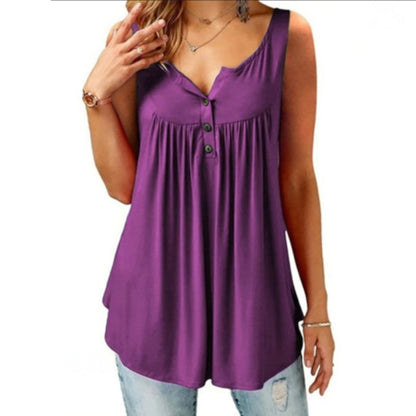 Hot Women Tank Top Loose Solid U Neck Female Camisole Sleeveless Pleated Tank Top Ladies Button 2020 summer women Loose Vest