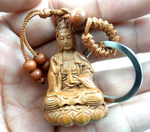 Natural Mahogany Three-dimensional Engraving Guanyin Barrel Keychain Buddha Key Chain Jewelry Gift For Men And Women 1pc