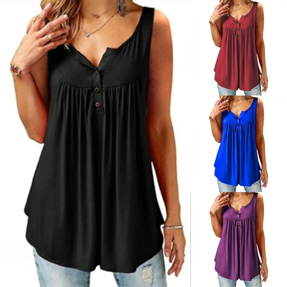 Hot Women Tank Top Loose Solid U Neck Female Camisole Sleeveless Pleated Tank Top Ladies Button 2020 summer women Loose Vest