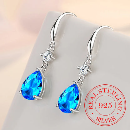 Real 925 Sterling Silver Long Tassel Crystal Oval Drop Earring For Women Girls Wedding Party Elegant Jewelry JDLJFLA