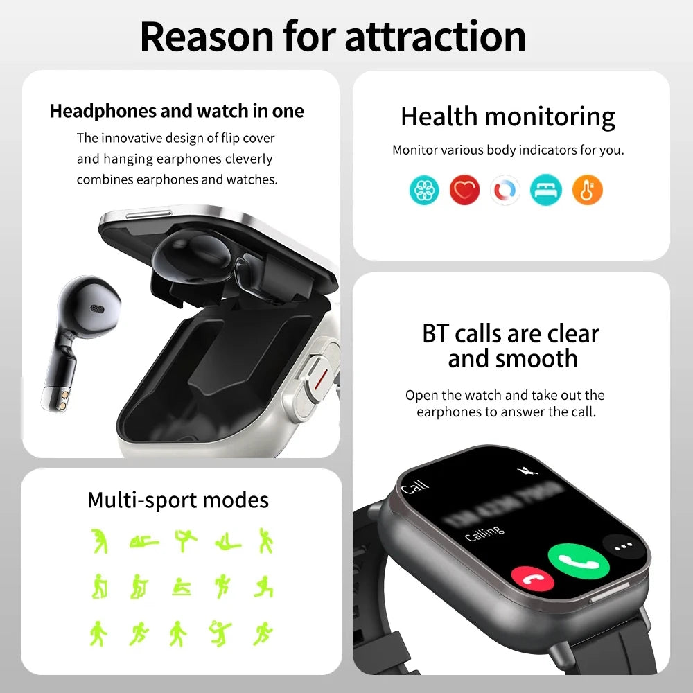 Smart Sports Watch Wireless Bluetooth Headset Calling Health Monitor Fitness Record Watches With Headset  TWS 2 In