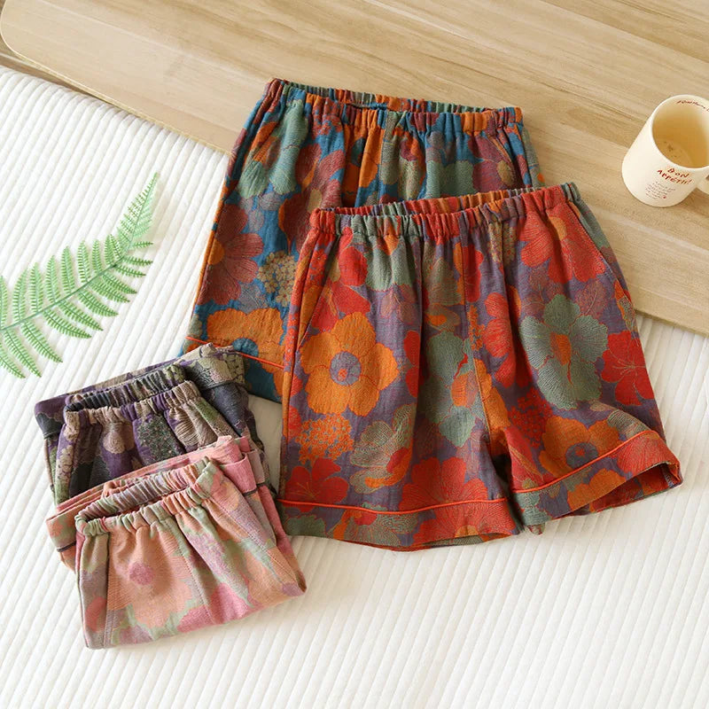 2024 New Summer Women's Pajamas 100% Cotton Shorts Yarn-dyed Jacquard Shorts Women's Loose Home Pants Thin Home Pants Pajamas