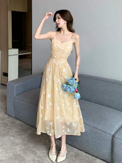 2024 Summer Ladies Elegant Prinrt Halter Mid-length Dress Backless Sleeveless Off Shoulder Dresses Female Party Club Vestidos