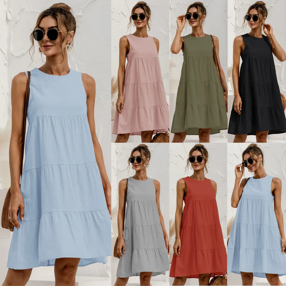 Summer Women Dress O-neck Sleeveless Solid Midi Dress Stitching Large Swing Dresses Loose Sundress Vestidos