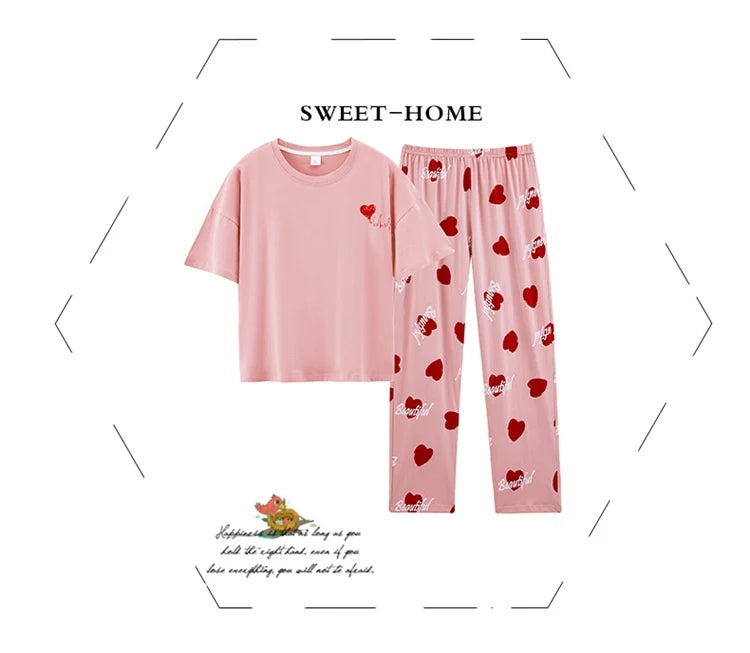 2024 Summer 100% Cotton Short Sleeve Long Pants Pajama Sets for Women Korean Cute Sleepwear Homewear Pijama Mujer Home Clothes