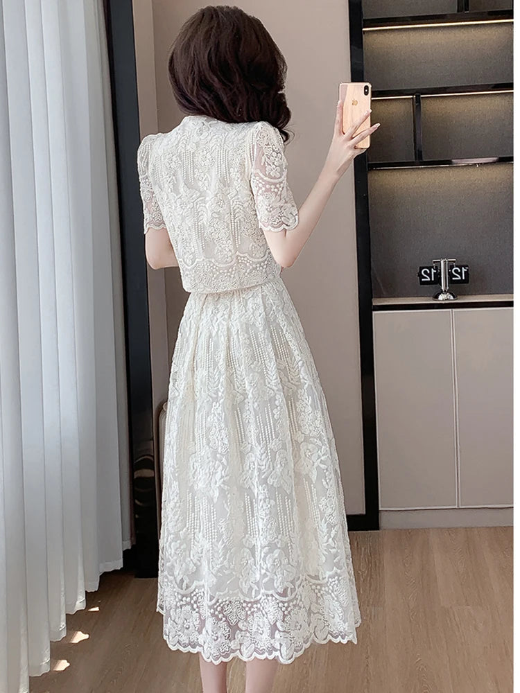 Summer New Embroidery Lace 2 Piece Set Chic Women Beaded Flower Single Breasted Short Top + A Line Midi Skirt Suits High Qu