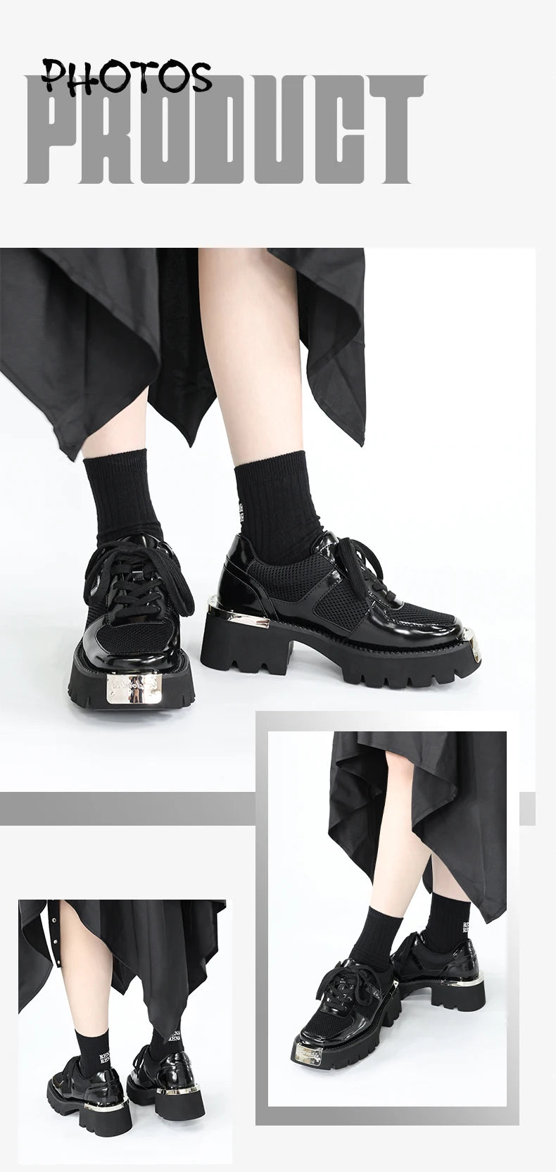 2024 Women's Punk Style Leather Shoes Lace-up Heel Platform Female Gothic Ankle Boots PU Metal Decor Thick Bottom Sneakers