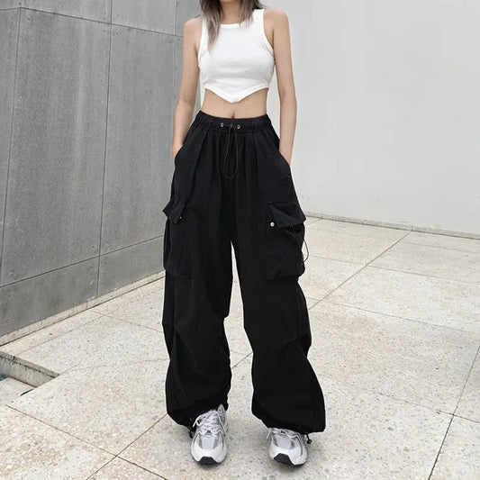 Women Long Cargo Pants Summer Elastic Waist Pocket Baggy Straight Loose Pants Casual Women Korean Trousers CDPF-WYP-51