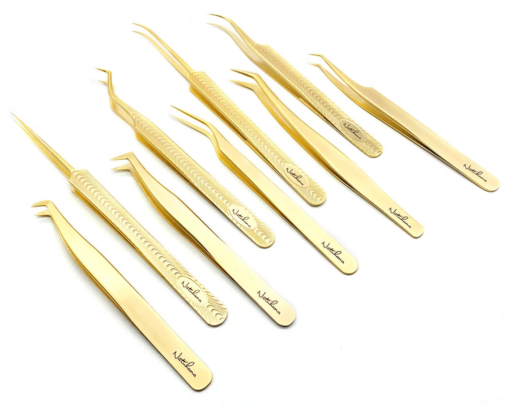 NATUHANA Anti-Static Eyelash Extension Tweezer Gold Stainless Steel Eyelashes Tweezers Professional for Volume Fan Makeup Tools