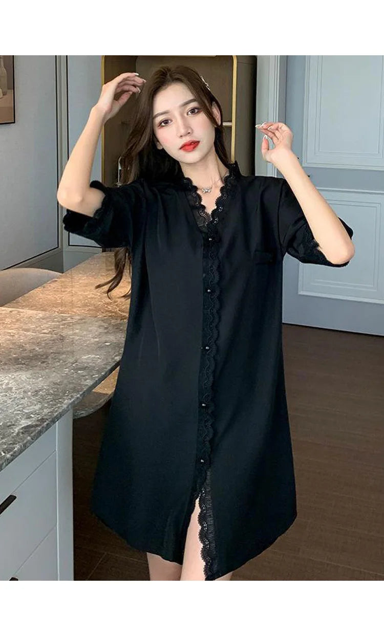 Elegant Ladies Short-Sleeved Pyjamas Sweet Wind Summer Sexy Nightgown V-Neck Cardigan Lace Lace Casual Home Wear Nightgowns