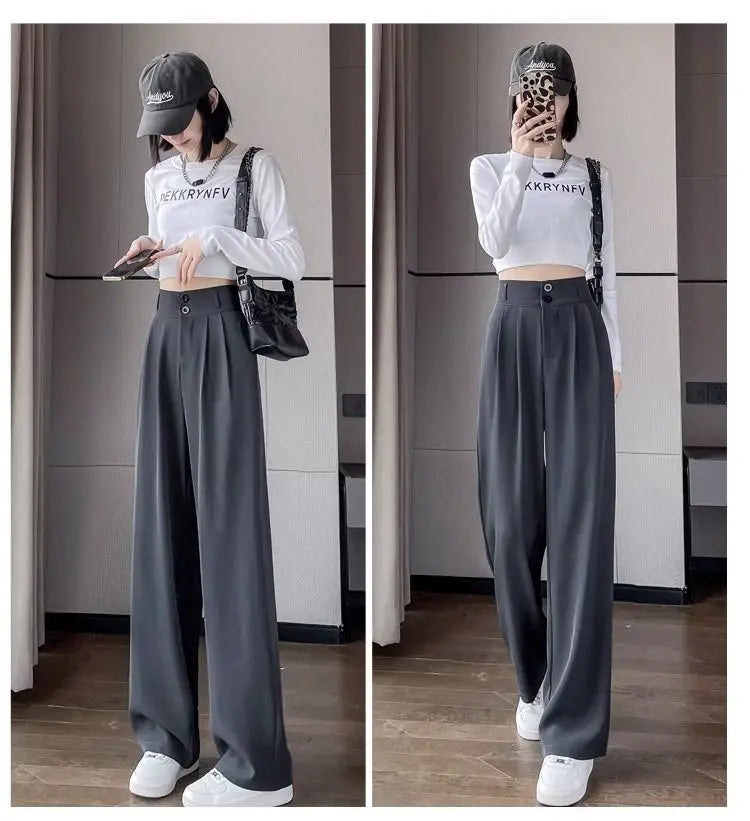 Korean High Waist Wide Leg Trousers Female Fall Summer Casual Loose Office Lady Suit Pants Fashion Baggy Outwear Clothing