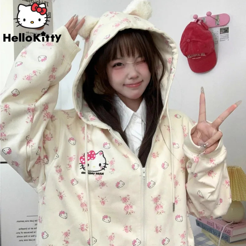 Sanrio Hello Kitty Cute Cat Hoodie Women's Autumn Winter New Loose Lazy Cardigan Japanese Style Y2k Sweet Soft Girl Trendy Coat