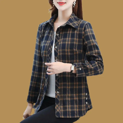 Frühling Herbst Elegante Mode Harajuku Plaid Tops Frauen Lose Beiläufige Alle Spiel Dame Hemd Polo Kragen Taste Langarm Blusa