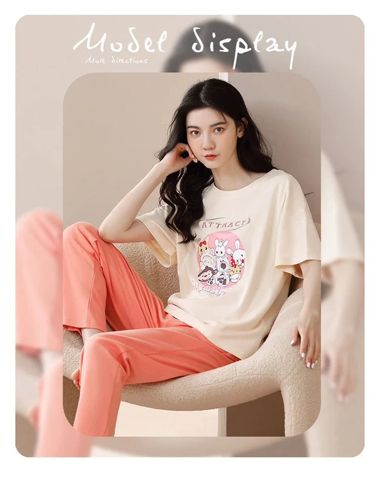 2024 Summer 100% Cotton Short Sleeve Long Pants Pajama Sets for Women Korean Cute Sleepwear Homewear Pijama Mujer Home Clothes