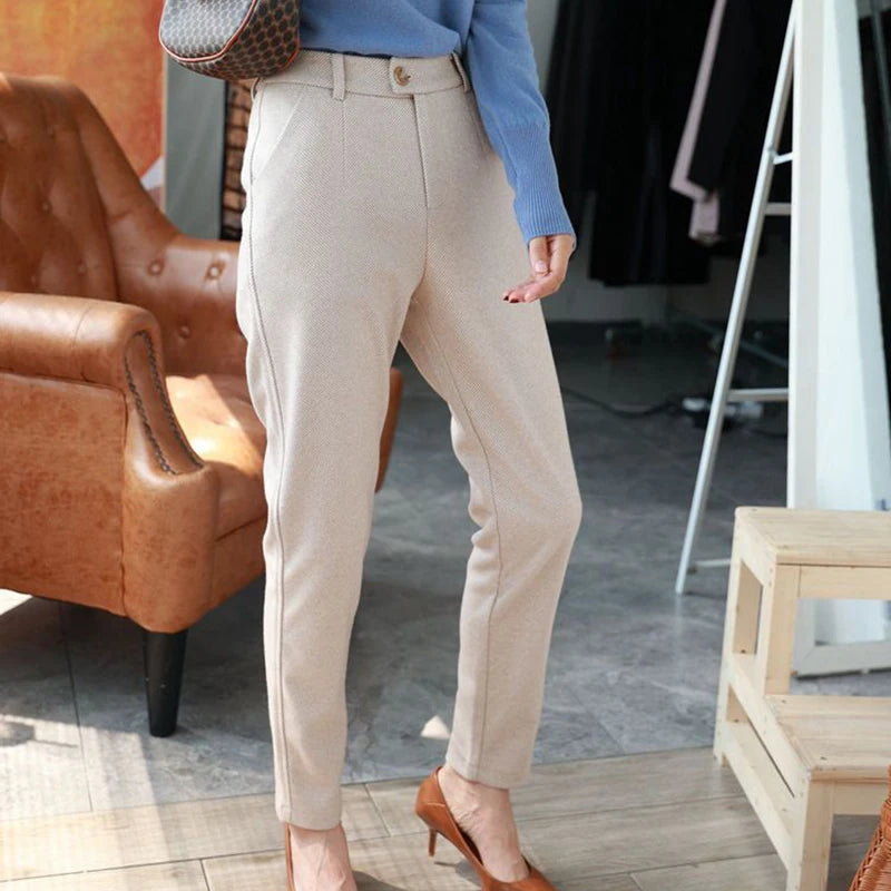 Woolen Pants Women Harem Pencil Pants Spring High Waist Pockets Suit Pants Office Lady Striped Zipper Trousers