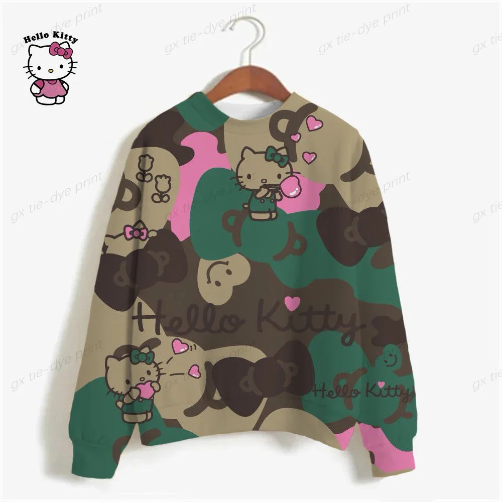 Korean Fashion Hoodies for Women Thin Chic Hooded HELLO KITTY Print Sweatshirt Female autumn Loose Cartoon Print Top y2k