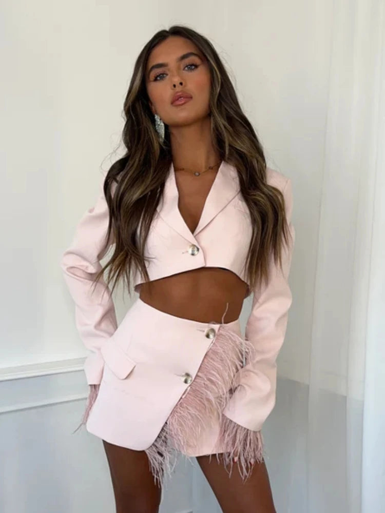 Sexy Long Sleeve Cropped Feather Blazer + Feathers Skirt Two Piece Sets Women Pink Crop Top Mini Skirts Suits Party Evening Club