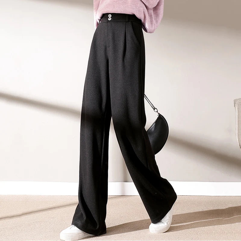 2024 Autumn Winter Women Concise Woolen Pants Lady Wide Leg Designer Outside Trousers Female Thicken High Waisted Draping Pants