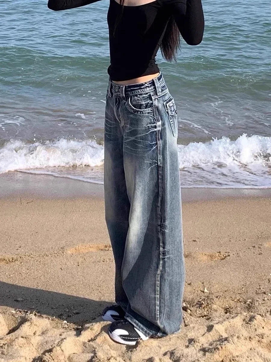 HOUZHOU Vintage Y2k Blue Jeans Women Baggy Washed Wide Leg Jeans Female Streetwear Harajuku Korean Fashion Denim Trousers Grunge