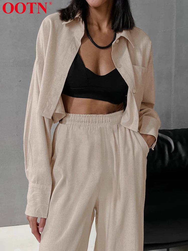 OOTN Cotton Linen Two Piece Sets Loose Long Sleeve Women Tops Khaki Elastic Waist Long Pants Suits Spring Casual Fashion