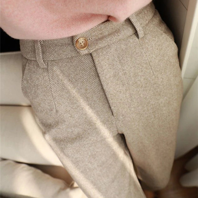 Woolen Pants Women Harem Pencil Pants Spring High Waist Pockets Suit Pants Office Lady Striped Zipper Trousers