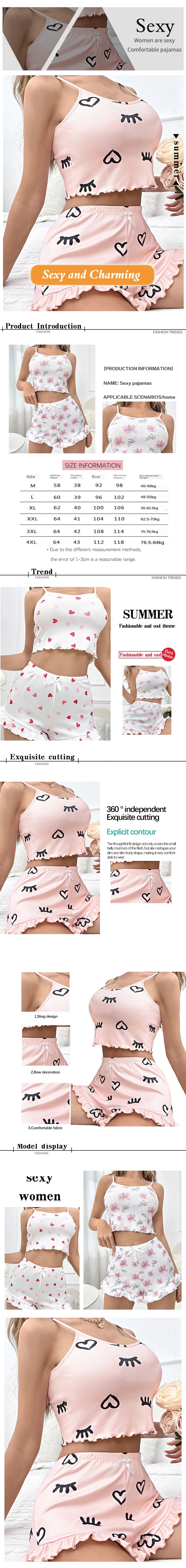 New Fashionable Women's Pink Fun Printed Pajama Set Women's Suspender Ruffle Top and Shorts Casual Home Pajama Set