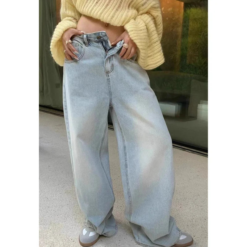 Blue Jeans Women High Waist American Plus Size Wide Leg Pants Vintage Straight Baggy Casual Denim Trousers Mom Oversize Pants