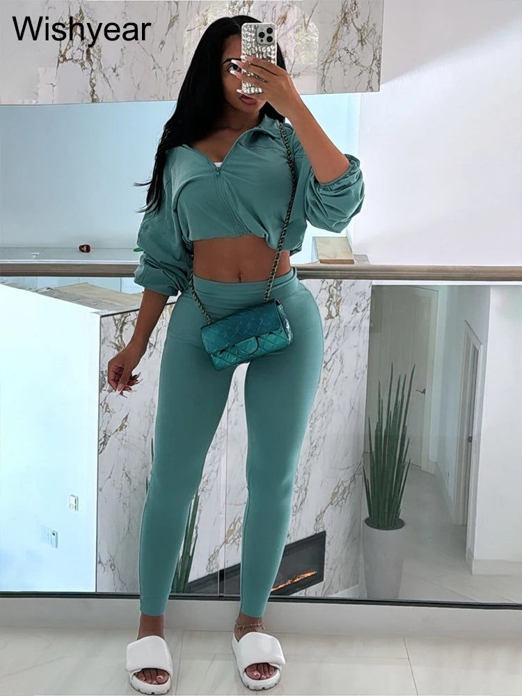 Fashion Khaki Jogging Pants Sets Women‘s Clothing Long Sleeve Crop Jacket and Leggings Two 2 Piece New Tracksuit Matching Suit