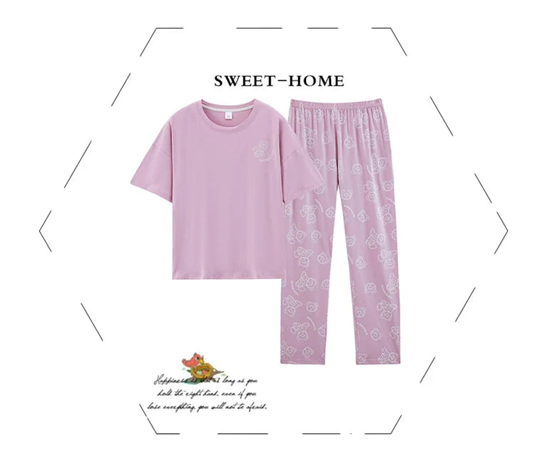 2024 Summer 100% Cotton Short Sleeve Long Pants Pajama Sets for Women Korean Cute Sleepwear Homewear Pijama Mujer Home Clothes