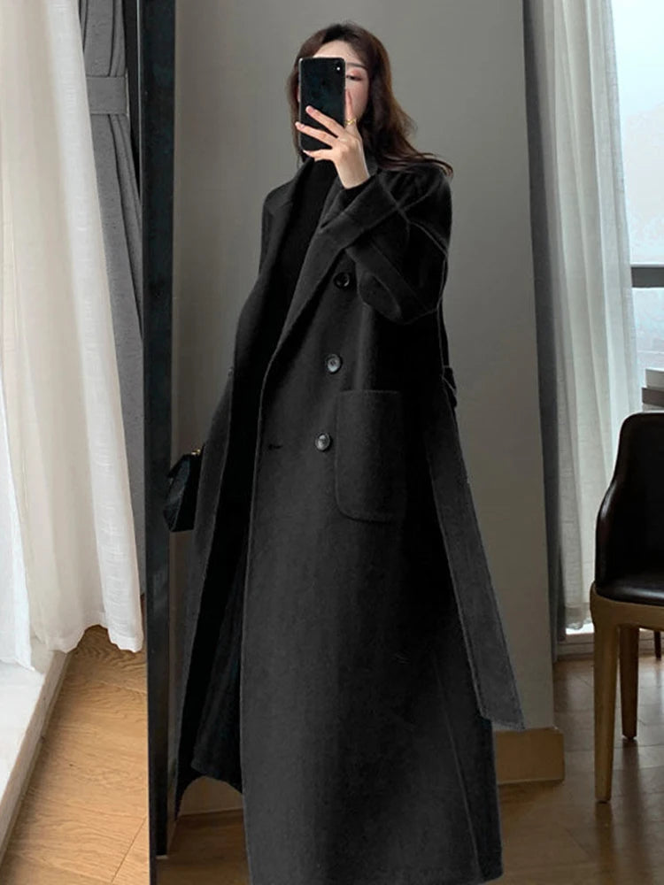 Jmprs Winter Wollmantel Lang Casual Frauen Zweireiher Faux Wolle Jacke Herbst Mode Koreanische Damen Schwarz Kleidung Neue