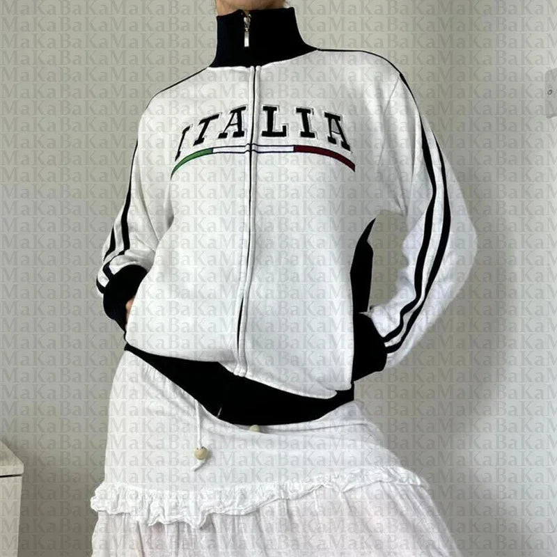 Italian retro women's plus size letter embroidered zipper jacket sportswear Y2K women's hooded sweatshirt 2024 autumn and winter