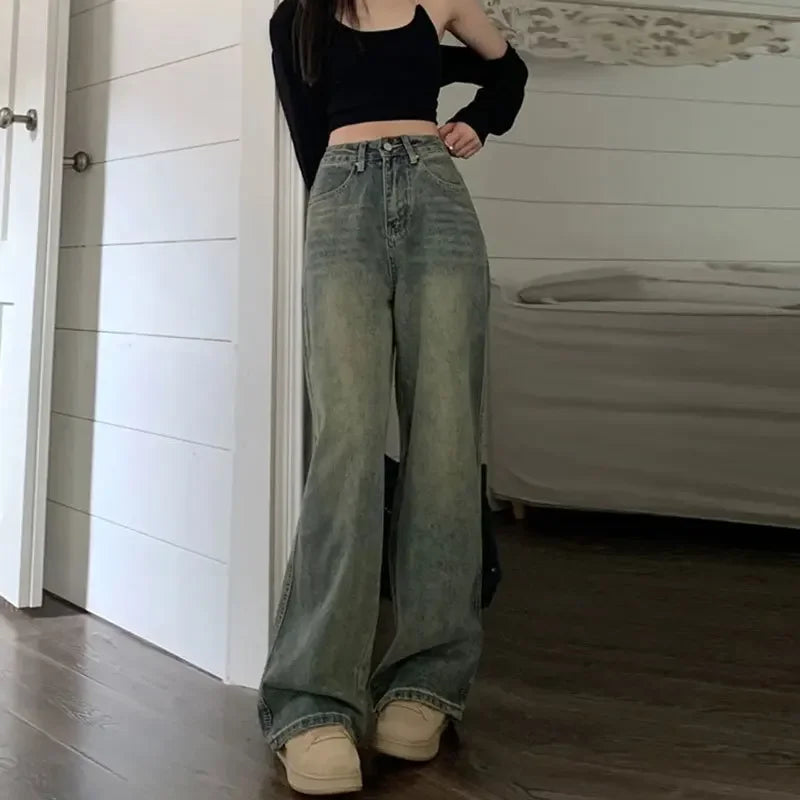 Vintage 90S Baggy Straight Denim Trousers Female Y2K High Waist Loose Wide Leg Jeans Women Streetwear All-Match Casual Pants New