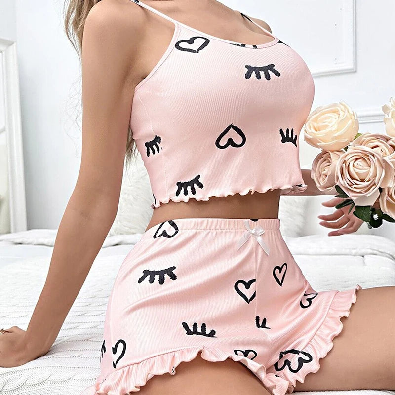 New Fashionable Women's Pink Fun Printed Pajama Set Women's Suspender Ruffle Top and Shorts Casual Home Pajama Set