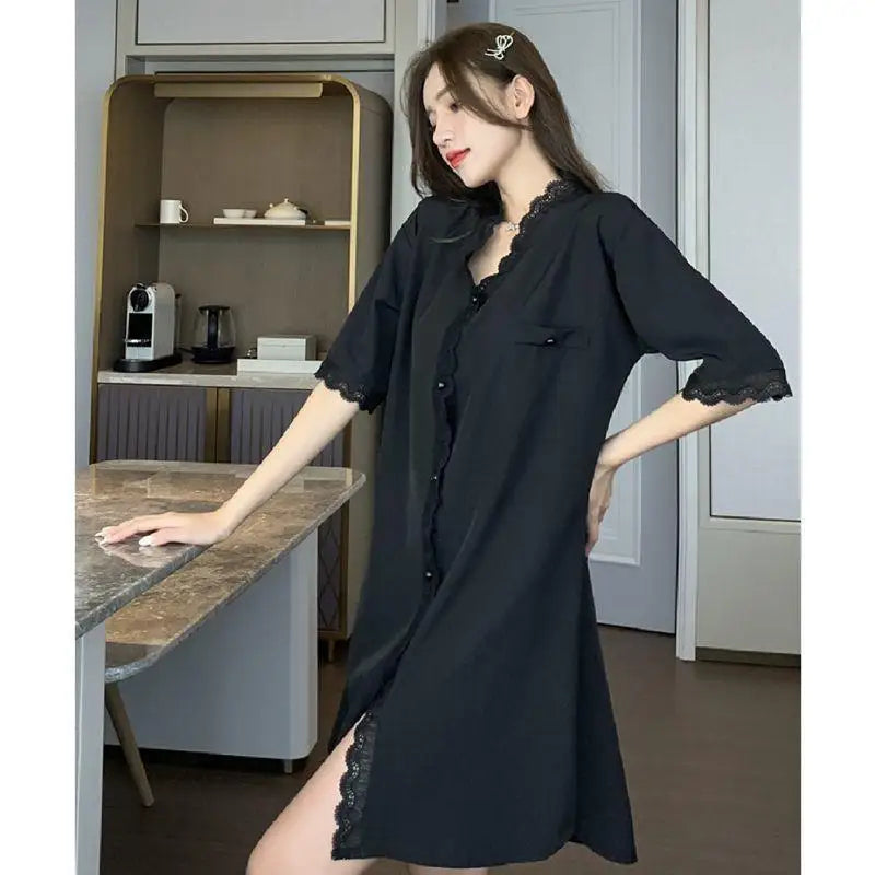 Elegant Ladies Short-Sleeved Pyjamas Sweet Wind Summer Sexy Nightgown V-Neck Cardigan Lace Lace Casual Home Wear Nightgowns