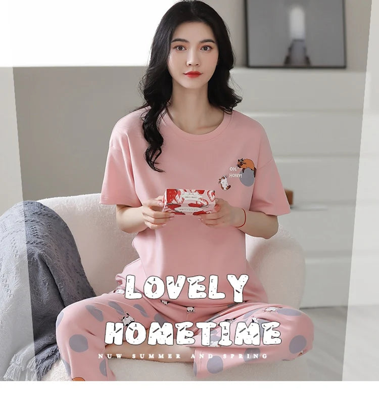 2024 Summer 100% Cotton Short Sleeve Long Pants Pajama Sets for Women Korean Cute Sleepwear Homewear Pijama Mujer Home Clothes