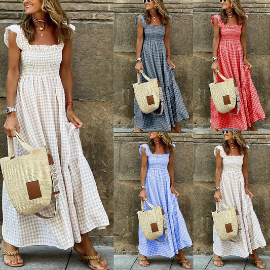 Elegant Plaid Slip Maxi Long Dress Summer Women Strapless Ruffle Backless Pleated Elastic Waist Boho Party Swing Loose Dresses