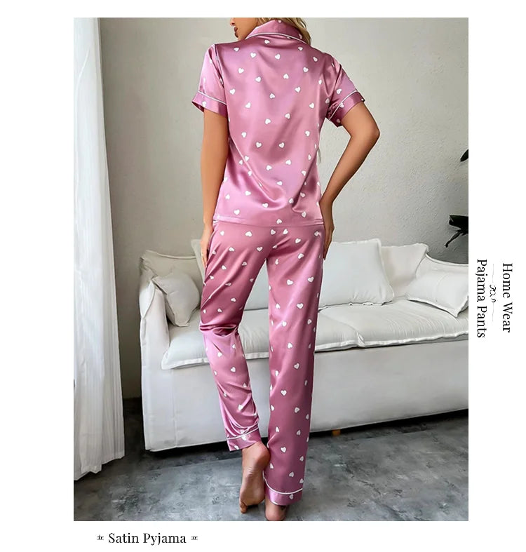 Women's Sleepwear Heart Print Satin Pajama Set Casual Short Sleeve Buttons Lapel Top & Pants Pajamas Soft Home Clothing Pyjamas