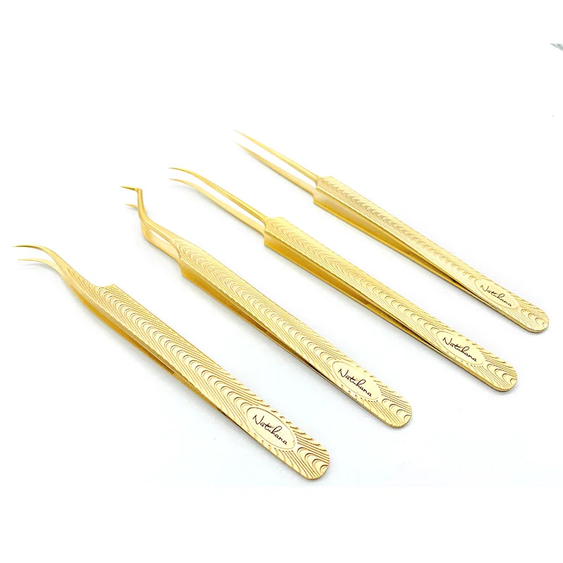 NATUHANA Anti-Static Eyelash Extension Tweezer Gold Stainless Steel Eyelashes Tweezers Professional for Volume Fan Makeup Tools