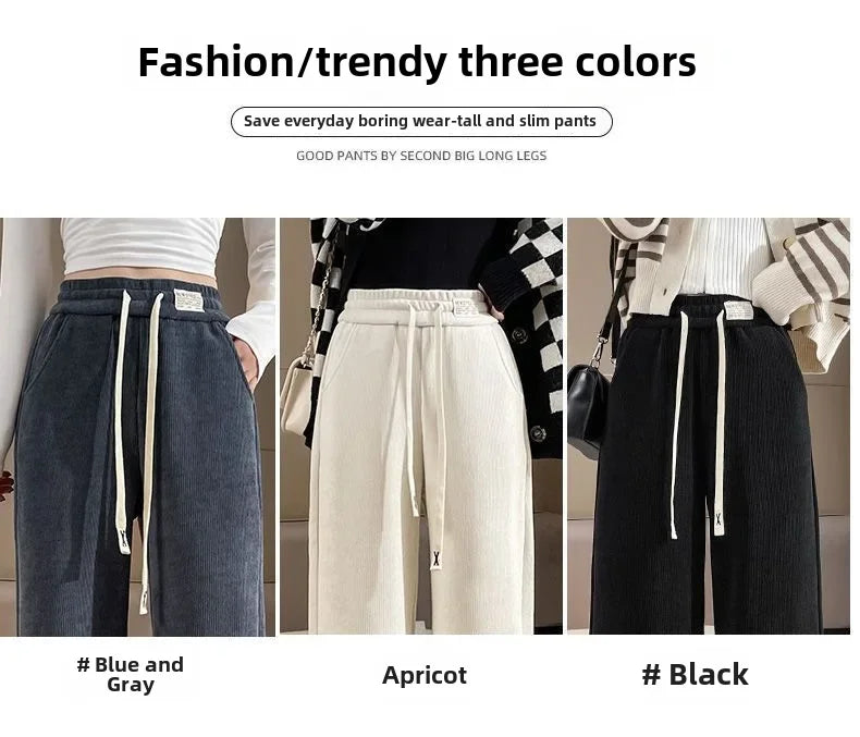 Fleece-lined Corduroy Bell Bottoms High-waisted Loose-fit Thickened Sport Casual Straight-leg Pants For Women