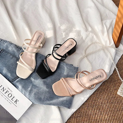 Frauen Sandalen Damen Quadratische Absätze Elegante Sommer Hausschuhe Außerhalb Kreuz Gebunden Leder Weibliche Slides 2023 Mode Frau Sandalen