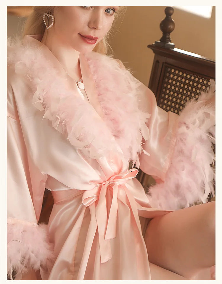 Robe Women Feather Bathrobe Nightwear Short Kimono Sleepwear Satin Wedding Bride Gown with Belt Luxury Nightgown Loungewear