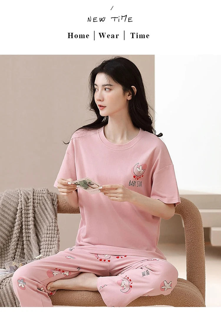 2024 Summer 100% Cotton Short Sleeve Long Pants Pajama Sets for Women Korean Cute Sleepwear Homewear Pijama Mujer Home Clothes