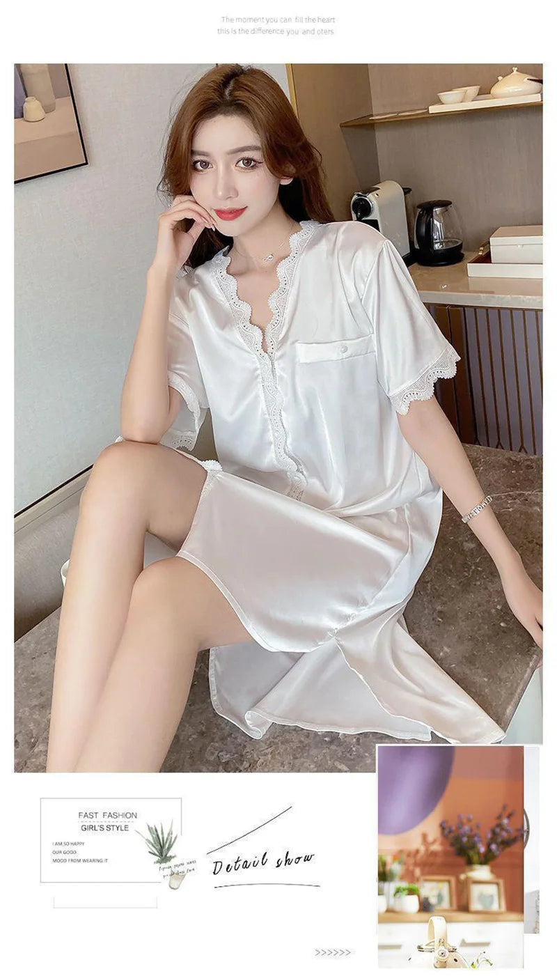 Elegant Ladies Short-Sleeved Pyjamas Sweet Wind Summer Sexy Nightgown V-Neck Cardigan Lace Lace Casual Home Wear Nightgowns