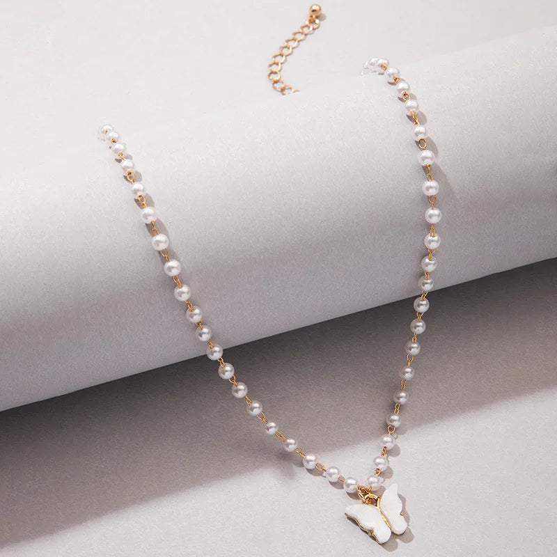 Elegant Simulated Pearl Beaded Necklace For Women Korean Fashion Butterfly Pendant Choker Necklace Wedding Party Jewelry