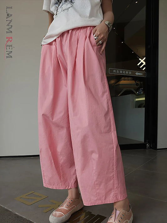 [LANMREM] Minimal Elastic High Waist Wide Leg Pants For Women Solid Straight Loose Trousers Fashion Clothing 2024 Spring New