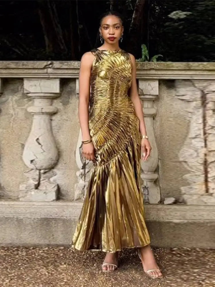 Fashion Gold Sequins Pleated Women's Slim Midi Dress Sexy Chic High Waist O Neck Off Shoulder Dresses New Party Lady Robes