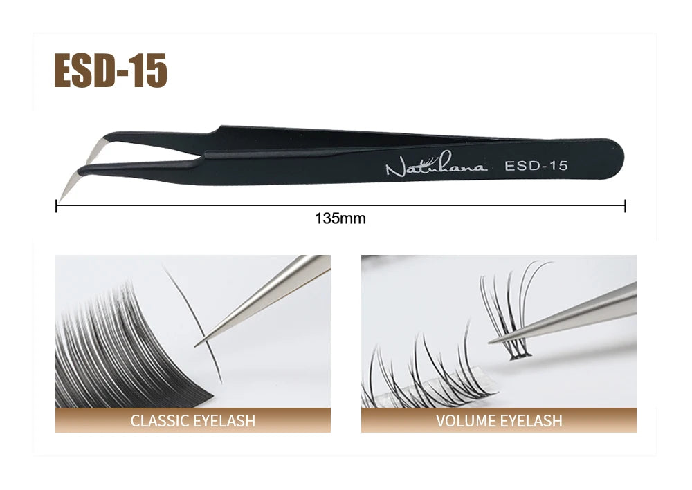 NATUHANA Anti-Static Eyelash Extension Tweezer Gold Stainless Steel Eyelashes Tweezers Professional for Volume Fan Makeup Tools