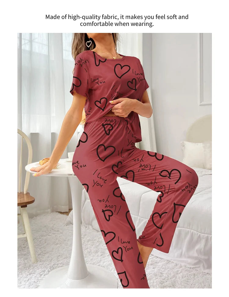 Women Pajamas Set Short Sleeve Shirt and Trousers Sleepwear Two Pieces Pyjamas Loungewear Nightwear Ladies Pijama Home Clothing