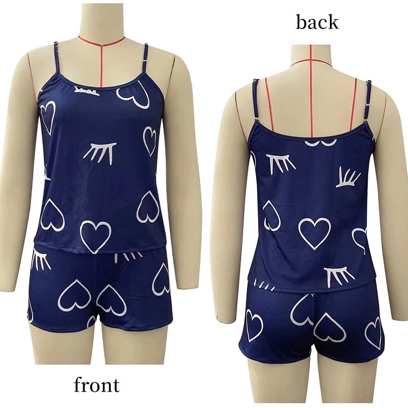 Two Piece Summer Sexy Camisole Printed Heart-Shaped Pajama Set for Women's Fashionable and Caring Home Casual Pajamas